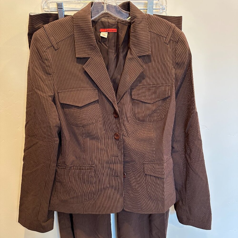 Tape Measure "Kellie" Brown Pinstripe Pant & Jacket Set Size 14
